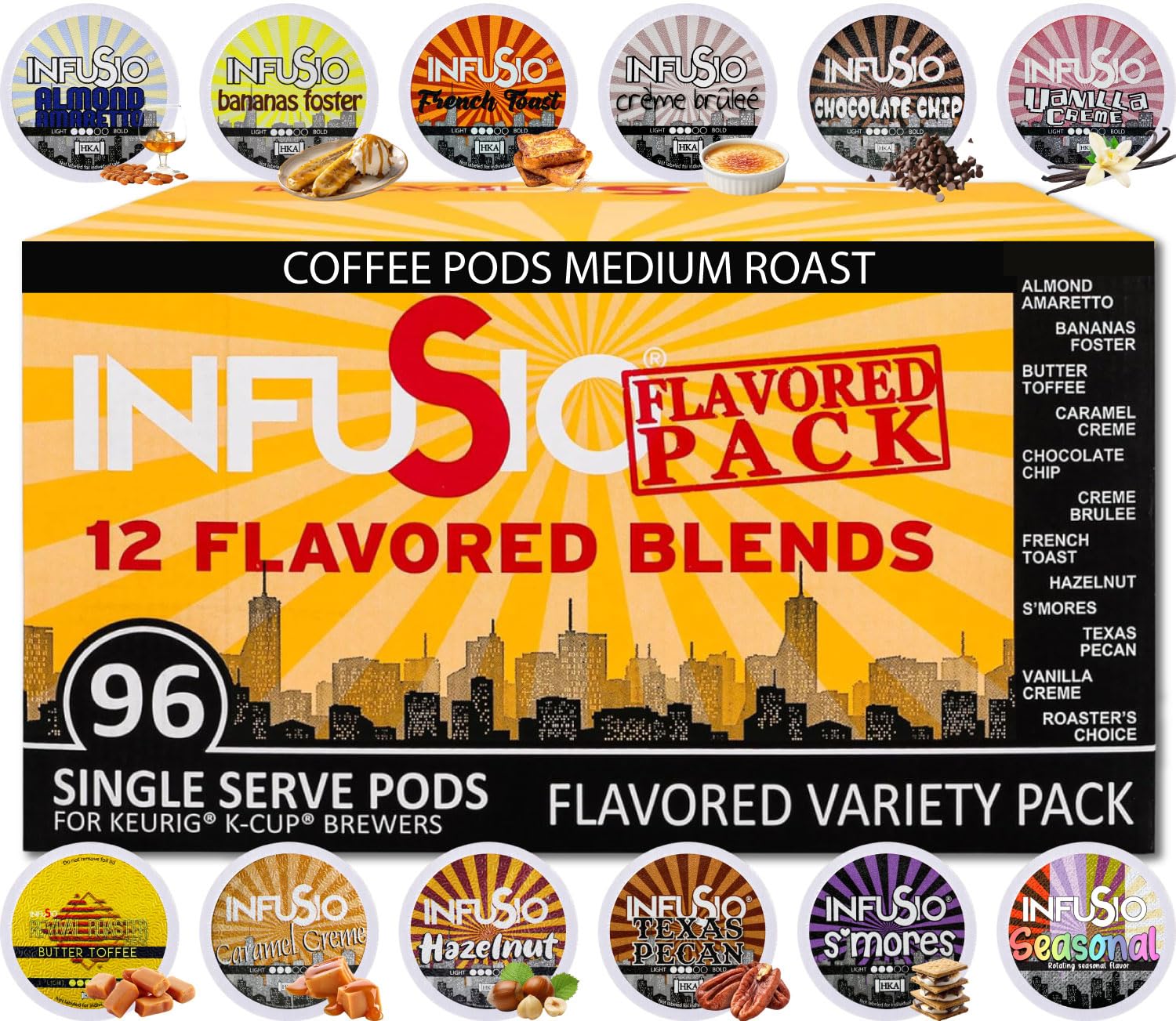 InfuSio Flavored Coffee Pods Variety Pack for Keurig K-Cup |0 Brewers – 12 Dessert-Inspired Blends, 96 Count, Gourmet Me